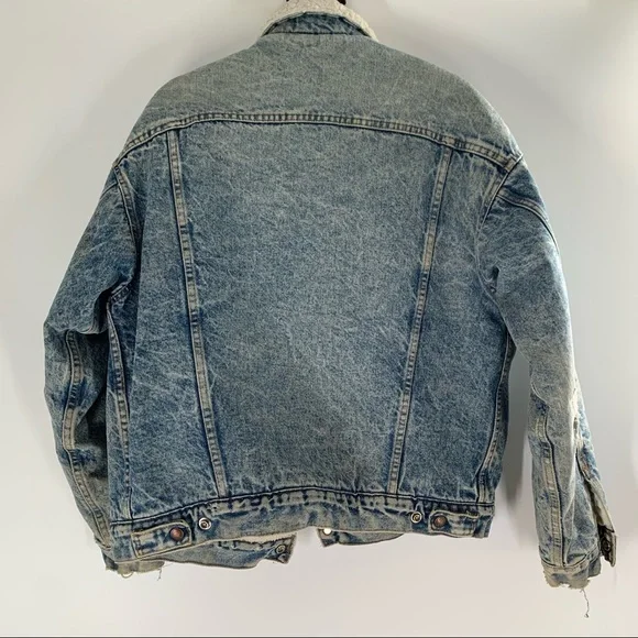 Levi’s Vintage 80’s Denim Distressed Jacket Sherpa Piled Size L - Picture 9 of 12